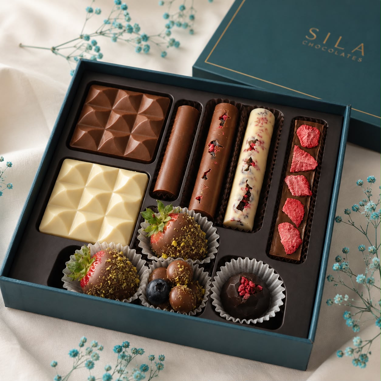 A box of 6 pieces of dark chocolate bonbon