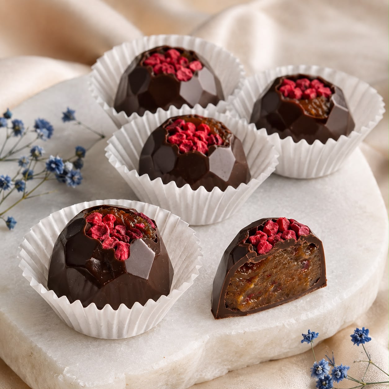 A box of 6 pieces of dark chocolate bonbon